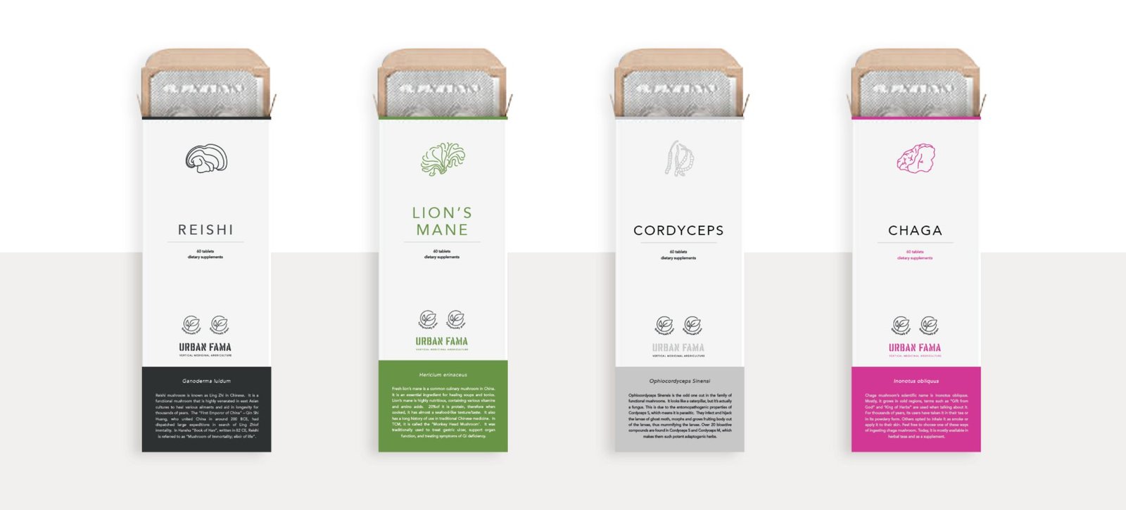 Urban Fama supplement range — Reishi, Lion's Mane, Cordyceps, Chaga